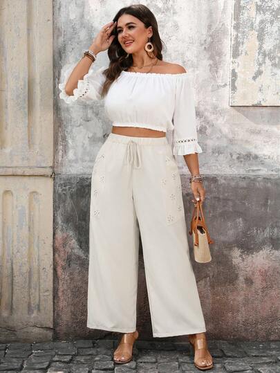 Linhara Plus Size Elegant & Fashionable Comfortable Pants, Flattering Fit For Vacation, Dates, Parties, Embroidered High-Quality