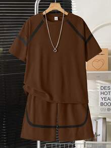 SHEIN Vacaura 2件套青少年春夏秋季撞色条纹短袖T恤和口袋短裤休闲运动时尚套装 - 棕色 - 查看 3