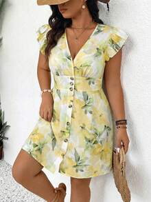 SHEIN Frenchy 大码休闲蓝色蝙蝠袖V领系腰A字短款连衣裙夏季女装 - 彩色 - 查看 5