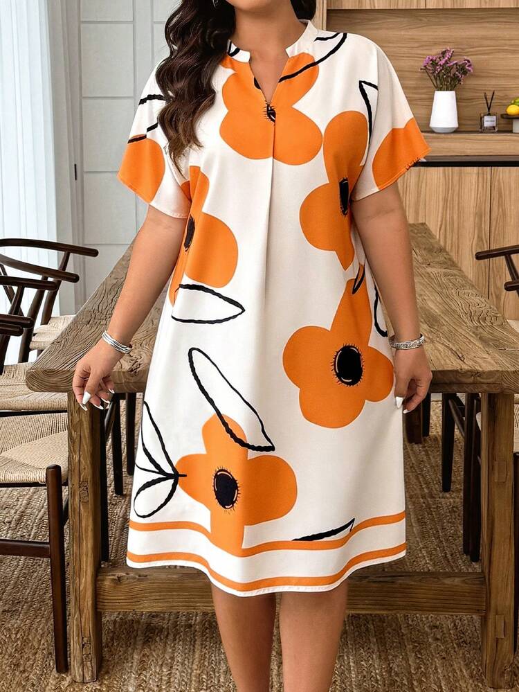 EMERY ROSE Plus Size Floral Print Notched Neck Casual Short Sleeve Dress - Orange - View 1