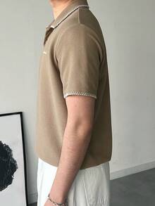 DAZY Men's Polo Shirt With Letter Embroidery And Contrast Collar Stitching Design, Summer - Khaki - View 2