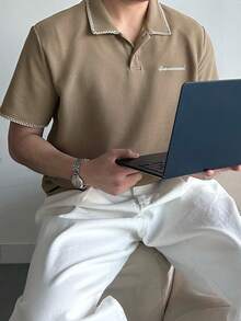 DAZY Men's Polo Shirt With Letter Embroidery And Contrast Collar Stitching Design, Summer - Khaki - View 9