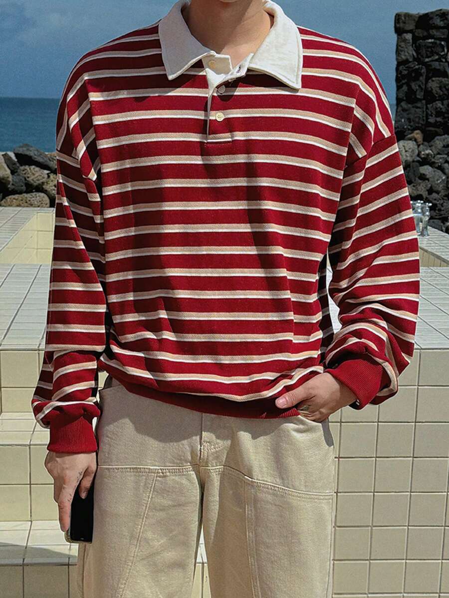 DAZY Men's Striped Patchwork White Collar Polo Shirt, Spring - Red - View 1