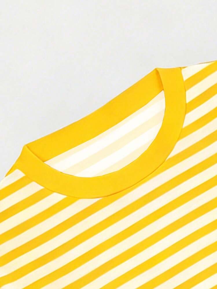 EMERY ROSE 条纹圆领休闲短袖T恤，大码女式T恤，夏季 - 黃色 - 查看 5