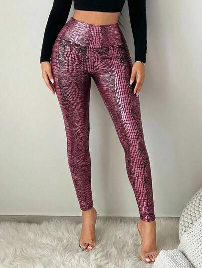 SHEIN SXY Women's Crocodile Skin Pattern High Waist Casual Versatile Everyday Leggings Leggings For Women Shiny Leggings