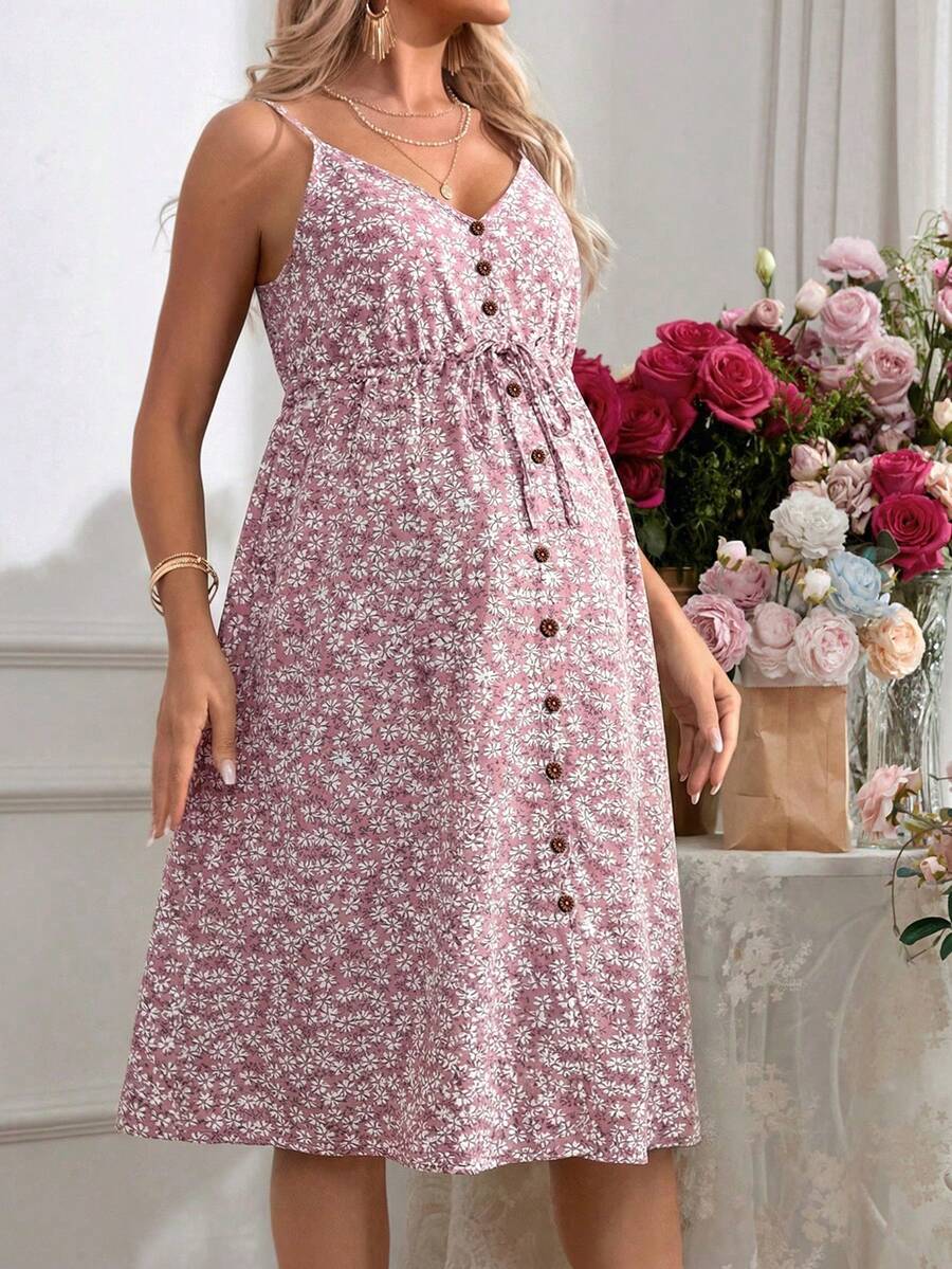 SHEIN Đầm bầu ôm sát dài đến đầu gối, có dây đeo điều chỉnh được, thích hợp cho kỳ nghỉ lãng mạn. - Hồng - Xem 1