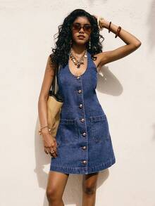 Poéselle Women's Denim Dress, Fitted Halter Neck, Single-Breasted Metal Button, Backless Casual Suspender Denim Dress, Dark Blue Summer Dress. Spring Clothing Valentine's Day Beach Dress Vacation Dress Casual Dresses For Women Holiday Clothes - Dark Wash - View 4