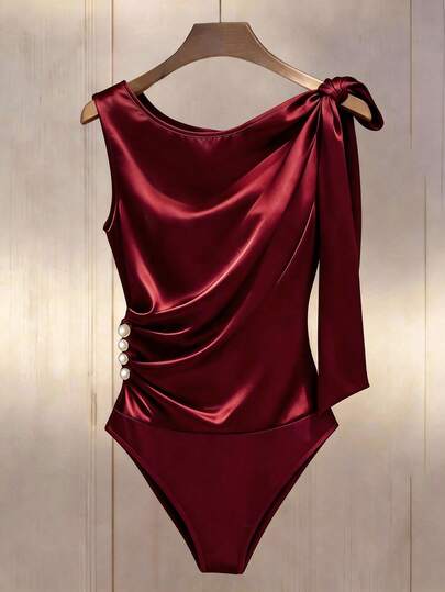Franclia Women's Red Satin Bodysuit, Valentine's Day Bodysuit, Shoulder Tie Bow Bodysuit, Waist Ruched Pearl Button Decor, Suitable For Spring/Summer Commute, Daily Wear, Winter, Party, Beach, Date, Graduation, Business Office, Urban Teacher Uniform, Christmas New Year Outfit, Casual Bodysuit