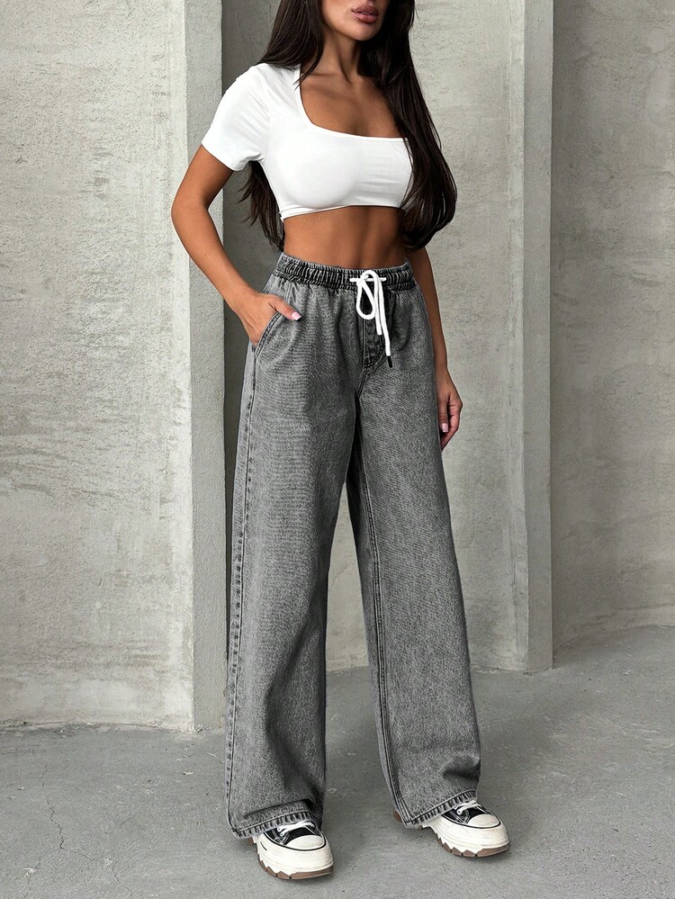 EURMUSE WOMEN Elastic Waist & Belted Cargo Denim JEANS MID WAIST - Grey - View 1
