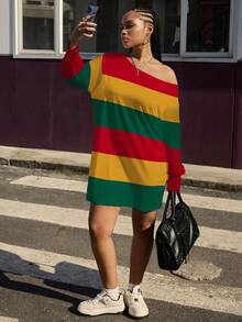 Slaydiva 大码休闲简约红黄绿条纹假日连衣裙 - 彩色 - 查看 7