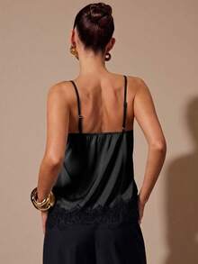 SHEIN BAE Áo hai dây satin cổ chữ V phối đen trắng, thích hợp cho tiệc tùng, tiệc cocktail, sinh nhật, phù dâu, khách dự đám cưới, tiệc brunch, áo không tay thanh lịch. - màu đen - Xem 2