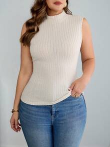 SHEIN Tall CURVE 2件装加大码女式纯色休闲罗纹高领背心，夏季女装，情人节、毕业典礼、母亲节礼物，适合高挑丰满女性，休闲女装，女士正装 - 彩色 - 查看 3