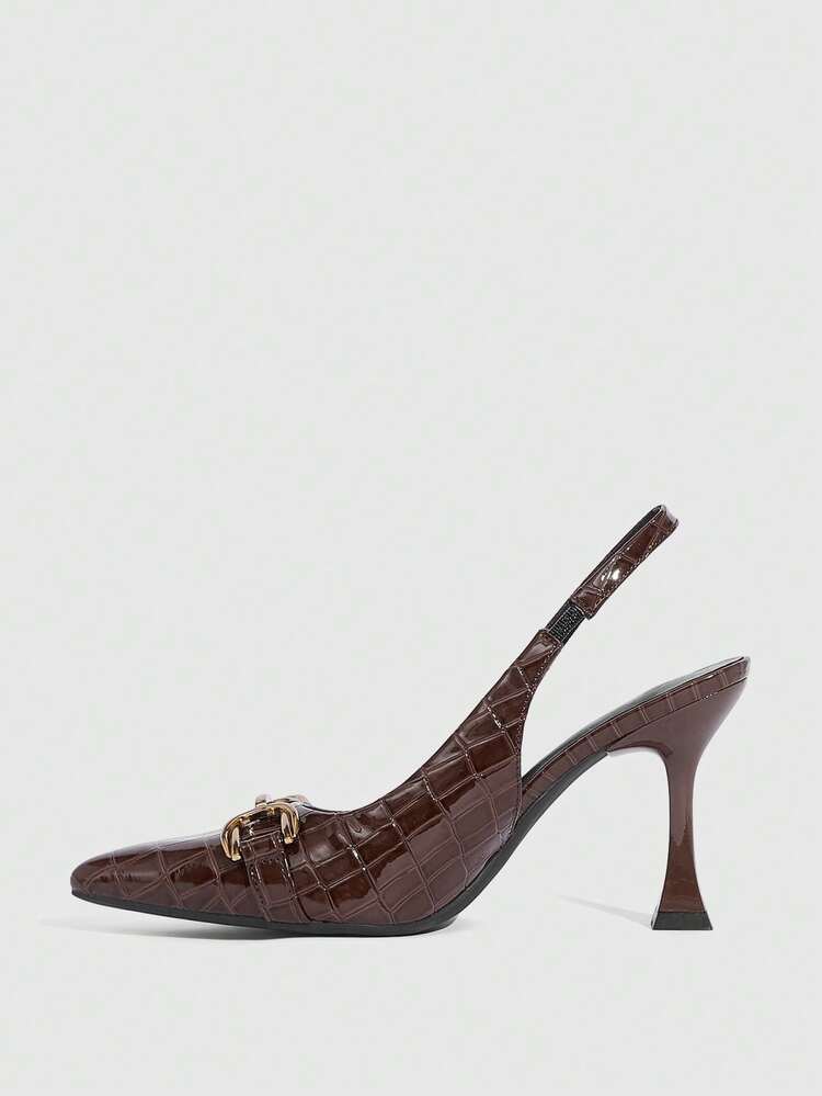 CUCCOO SZL Women's High Heels Pointed 9CM Women's Elegant Stiletto Shoes Back Strap Easy To Wear Mirror PU Material Metal Buckle Stone Pattern Brown High Heels Kitten Heel Suitable For Daily/Party/Office Professional Shoes Women's Shoes