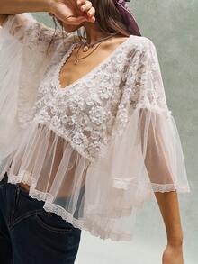 Bohemela Women's Casual Knit Mesh Patchwork Lace Trim Scoop Neck Blouse - Apricot - View 4