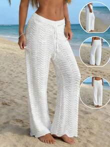 Glamine Women's Perforated Texture Straight Leg Casual Knit Pants, Spring/Autumn White Beach Pants White Wide Leg Pants Women Lace Up Pants - Apricot - View 1