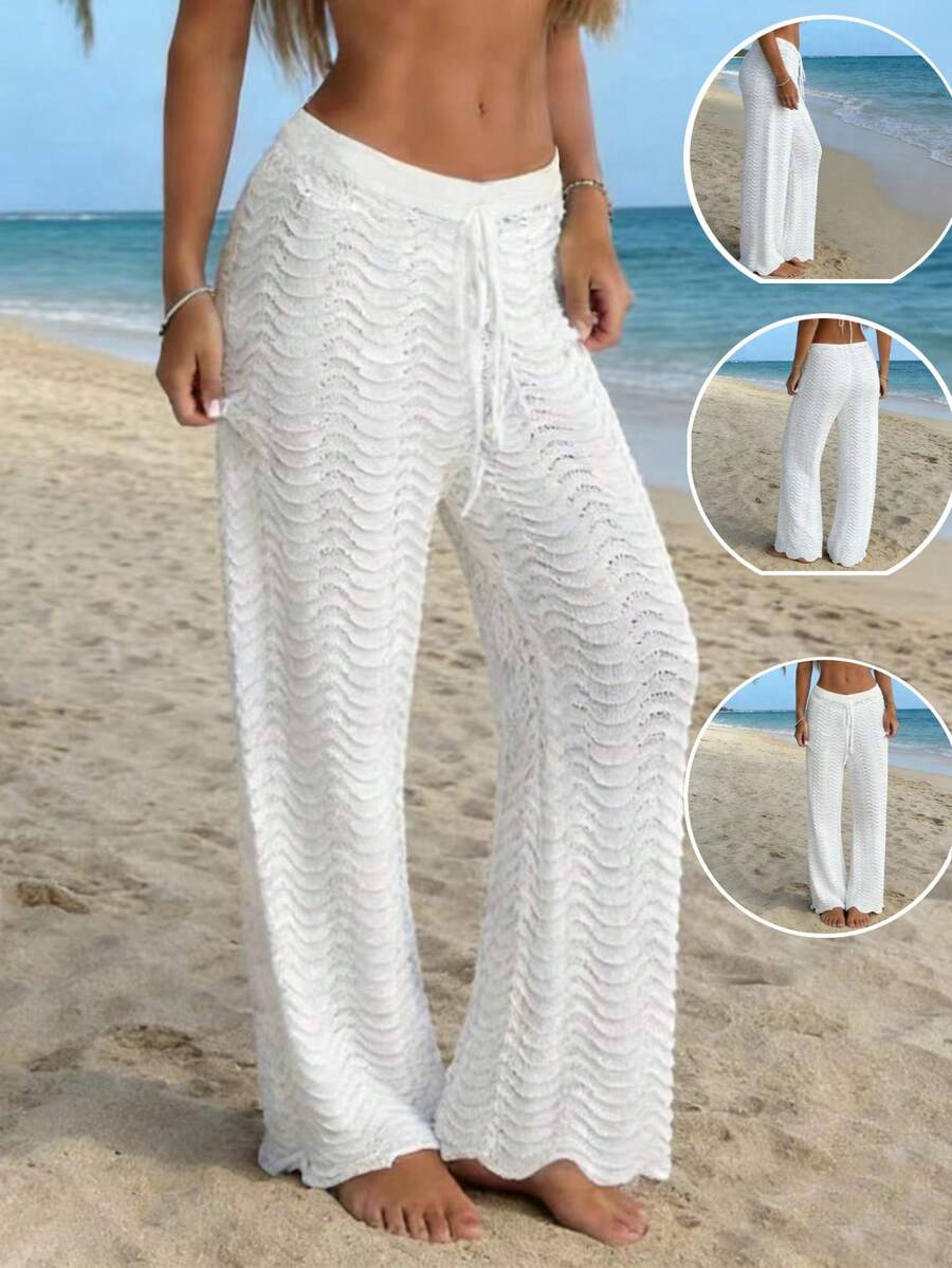 Glamine Women's Perforated Texture Straight Leg Casual Knit Pants, Spring/Autumn White Beach Pants White Wide Leg Pants Women Lace Up Pants - Apricot - View 1