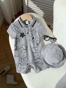 SHEIN 2件套新生儿男女宝宝可爱动物印花短袖连体衣和遮阳帽套装，春夏宝宝服装套装 - 灰色 - 查看 3