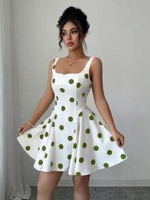 Elenzga 方领黑色波点优雅短裙 - 綠色 - 查看 6