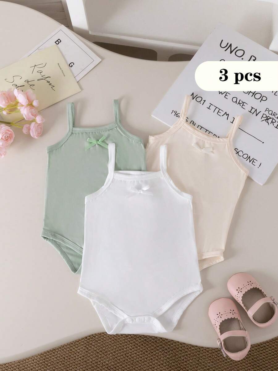 Souflis Souflis 3pcs/Set Baby Girls' Casual Cute Colorblock Romper Bodysuit, Summer - Green - View 1