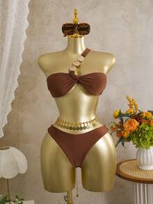 Swim SXY Bộ 3 món màu trơn phối kim loại, áo quây bất đối xứng, quần cạp cao và chân váy xếp ly, đồ bơi gợi cảm cho nữ, thích hợp cho mùa xuân/hè. - Cà phê nâu - Xem 7