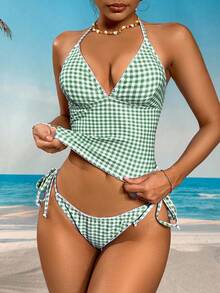 Swim Mod Sweet Cherry Plaid Bikini Set - Lime Green - View 3