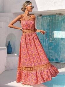 Vivid Eden 女士度假休闲纯色拼接花卉蕾丝纹理面料A字吊带连衣裙 - 彩色 - 查看 3