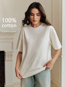 Anewsta 女士白色圆领休闲短袖T恤，适合春夏假期穿着 - 白色 - 查看 4