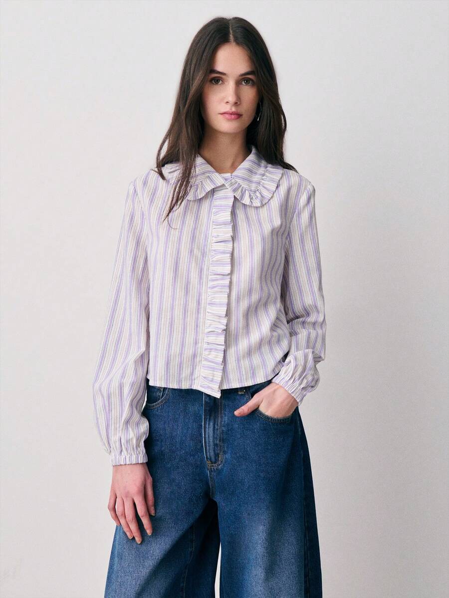 Nöista Regular Fit Blouse In Purple And White Stripes, Ruffles On Neck And Placket And Elastic Band On Cuffs. Casual Blouses For Women, Spring, Summer. - Purple - View 1