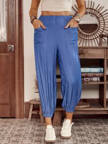 LanaWest Western Style Versatile Denim Pants With Pockets & Ruched Hem, Loose Fit Women Trousers, Suitable For All Seasons - Blue - View 6