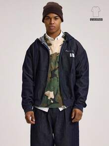 Musero Áo khoác dáng rộng tay dài có khóa kéo, chi tiết logo thương hiệu, mũ trùm đầu có dây rút, kiểu denim thô, vai rớt, bộ đồ thể thao chỉ gồm áo top. Những món đồ thiết yếu cho mùa Xuân Hè, phong cách đường phố. - Rửa tối - Xem 1