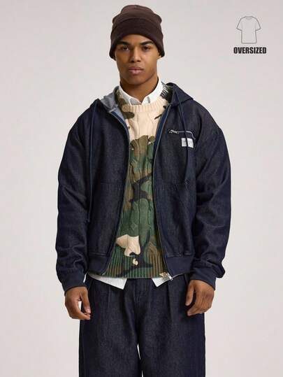 Musero Oversized Long Sleeve Zip Through Branded Patch Detailing Hooded Cord Details Raw Denim Style Jacket Dropped Shoulder Co Ord Tracksuit Top Only SPRING SUMMER Essentials Streetstyle