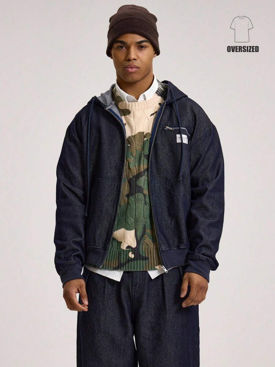 Musero Áo khoác dáng rộng tay dài có khóa kéo, chi tiết logo thương hiệu, mũ trùm đầu có dây rút, kiểu denim thô, vai rớt, bộ đồ thể thao chỉ gồm áo top. Những món đồ thiết yếu cho mùa Xuân Hè, phong cách đường phố. - Rửa tối - Xem 1