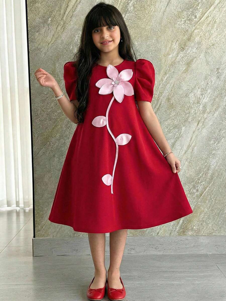 SHEIN 少女寬鬆優雅圓領羊腿袖 3D 花卉裝飾洋裝 - 紅色 - 查看 1