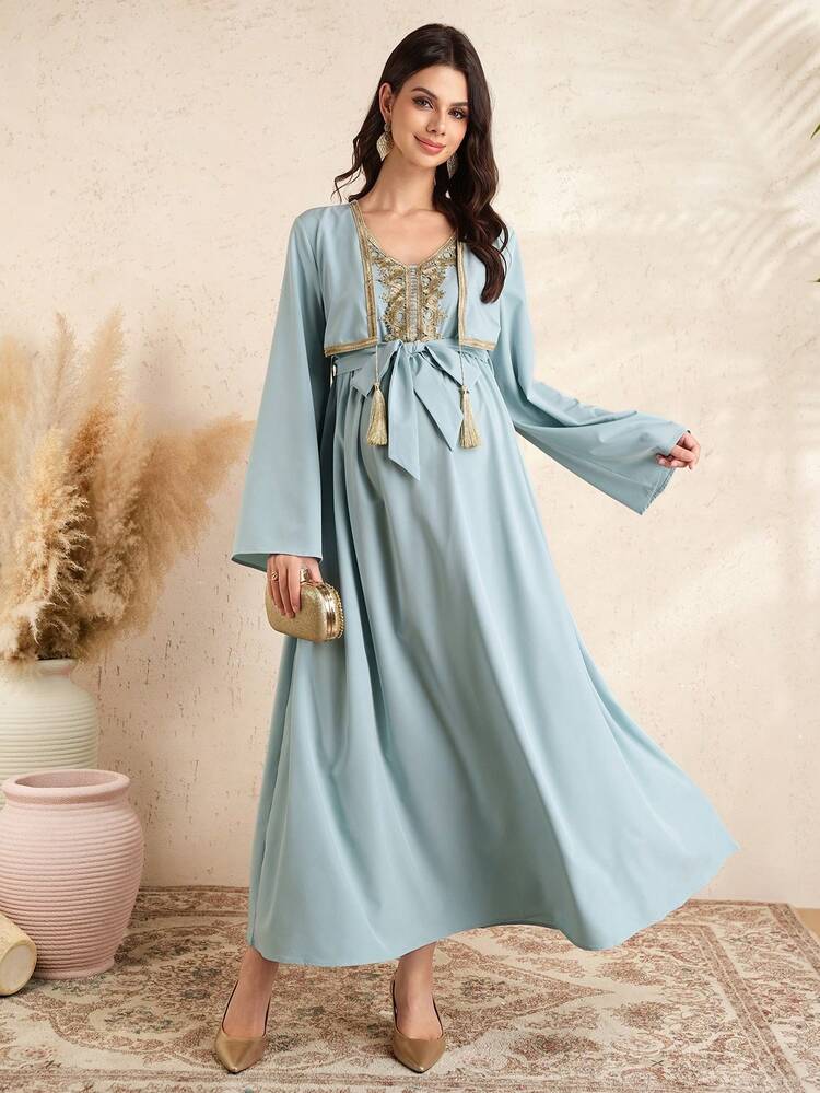 SHEIN Vestido de maternidad elegante de unicolor con parches de encaje y mangas con brillo - Azul - Añade 1
