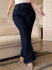 Dazy Plus 深色水洗蓝色弹力修身喇叭牛仔裤，四季皆宜 - 深色水洗藍 - 查看 6