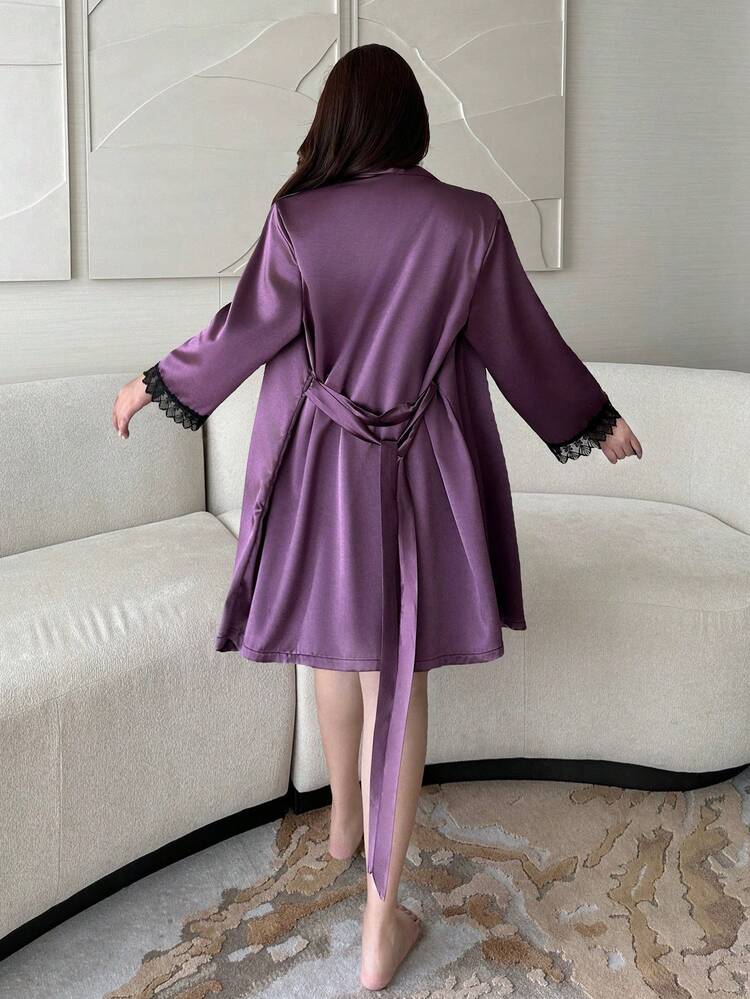 Dazy Plus 2pcs Elegant Contrast Lace Sexy Nightgown & Robe Set, Plus Size Women Sleepwear