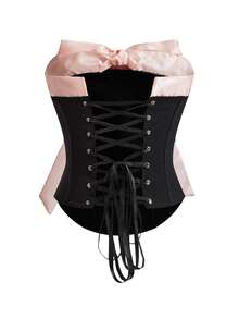 EasyFave Fashionable Sexy Crop Top With Contrasting Color Big Bow And Fishbone Design, Waist Cinching, Tie Back - Black - View 2