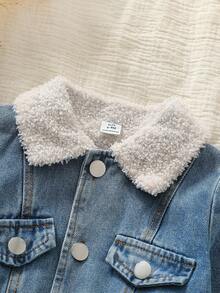 Vintaside Kids Baby Girls' Vintage Denim Style Solid Color Lapel Cardigan,Light Blue And White,Autumn,Casual,Back-To-School,Long Sleeve Open Front Jacket - Blue - View 6