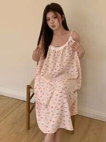 Dazy Plus Plus Size Women's Summer Butterfly Print Contrast Schiffy Ruffle Loose Camisole Nightgown Pajamas - Pink - View 7