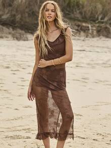 Aralina V领系带开衩长款连衣裙及针织吊带背心套装 - 棕色 - 查看 9