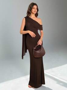 SHEIN Tall 女士优雅纯色不对称肩连衣裙，女士优雅连衣裙，舞会礼服，秋季婚礼宾客礼服，女士婚礼宾客礼服 - 棕色 - 查看 5