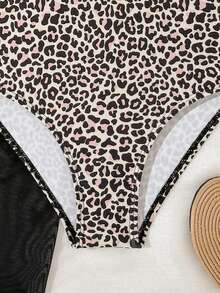 SHEIN Tween Girls Leopard Print Shoulder Strap Ruffle One-Piece Swimsuit With Ruffle Hem Skirt, Suitable For Swimming, Vacation, Summer Beach Leopard Print Swimsuit Leopard Bathing Suit Animal Print Bathing Suit Cheetah Print Swimsuit Cheetah Bathing Suit - Black - View 5