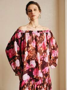 Arave 女士雪纺H型露肩浪漫印花优雅上衣 - 紅色 - 查看 7