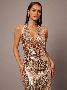 Silquee Đầm ôm dáng thanh lịch đính sequin dành cho nữ - Rượu sâm banh - Xem 5