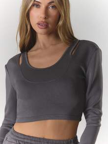 MUSERA 双层长袖露肩上衣，夏季运动休闲风，适合日常穿着，街头风，街头服饰 - 灰色 - 查看 2