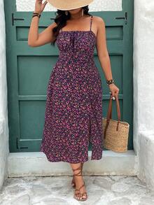 SHEIN Frenchy 大码女式碎花系带前侧开衩吊带连衣裙，度假风 - 彩色 - 查看 5