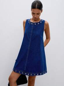 ATUI Studio Women's Round Neck Sleeveless Loose Fit Denim Dress - Blue - View 5