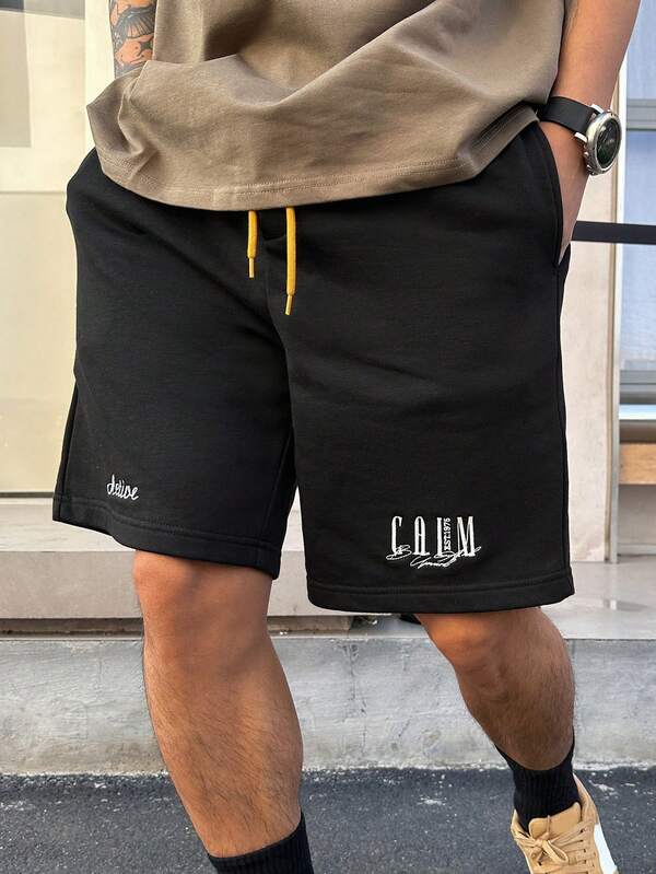 DAZY Celana Pendek Pria Hitam dengan Bordir Huruf, Warna Kontras, Tali Serut, Pinggang Elastis, Musim Panas