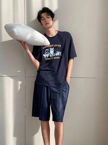 DAZY Men's Letter Print Multicolor T-Shirt And Shorts Pajama Set, Summer - Multicolor - View 4