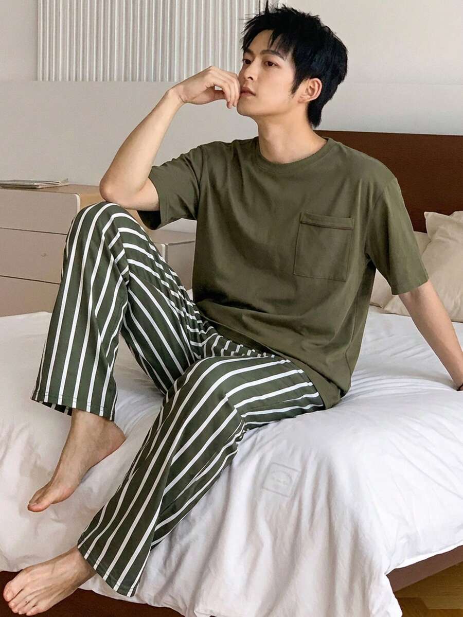 DAZY 男士短袖T恤和长裤睡衣套装，春夏款 - 彩色 - 查看 1